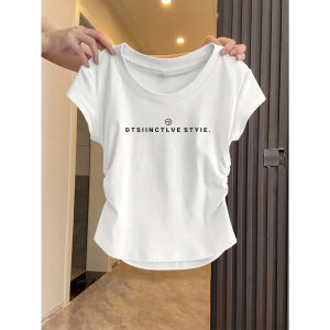 Pure Cotton Short Sleeve T-Shirt Womens 2025 New Summer Spicy Short Design Sense Top Waist Cinched Shoulder Width Normal