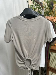 Hollow out Tied Creative Fashionable round Neck T-shirt Summer Niche Temperament Silm Slim Looking Short Elastic Tops Plus Size