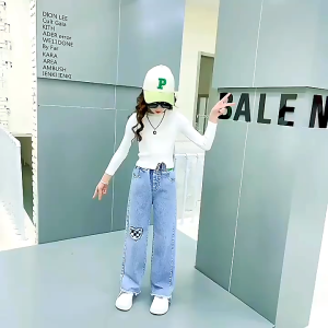 Jeans Pants For Kids Girls 6-15yrs Maong Loose Wide-Leg Soft Denim Pants Teens Girls Embroidery High Waist Baggy Pants For Teens Girl ootd