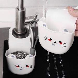 White Cartoon Cat Hanging Basket Soft Snap Fastener Faucet Sponge Holder Silicone Sink Hanging Storage Bag Faucet