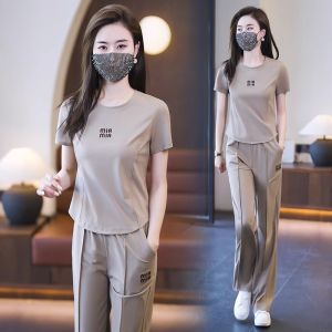 Ice Silk Thin Fashion Sports Suit Set Womens Summer New Casual Anti-Aging Wide Leg Pants Two Piece Set European Goods