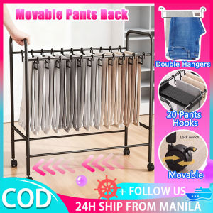 Movable Pants Organizer Rack With 20 Double Hangers Floor Standing Metal Pants Organizer Storage Multi Functional Hanger Rack Bedroom Clothes Drying Rack Laundry Room Towels Storage Trolley With 4 Rolling Wheels Space Saving For Skirt Scarfs Towels
