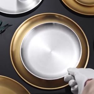 Korean Style Dinner Plates Gold Dining Plate Serving Dishes Round Plate Cake Tray Western Steak Round Tray Kitchen Plates