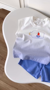 Set áo tanktop Sailor loang xanh kèm quần short bé trai đi chơi đi biển 1 tới 7 tuổi BERNIE H0126B16