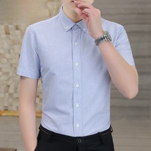 HENGYUANXIANG | Hengyuanxiang Mens Summer New Short Sleeve Shirt Fashion Slim Stripe Collar Pure Cotton Casual Thin Top Button Down Cotton Poplin Shirt
