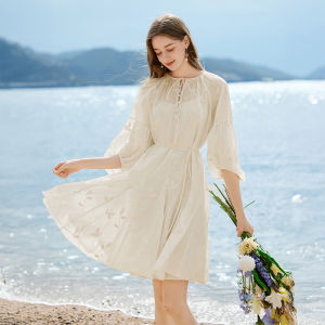 XIANGYING | French Tencel Puff Sleeves Summer Elegant Belted Waist Design Embroidered Dress