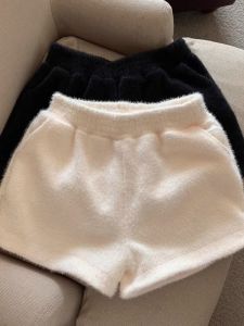 GUZILIAN | Korean Style High Waist Wide Leg Short Pants Womens Loose Fit Water Rabbit Velvet Pants Black Color Commute Fashion