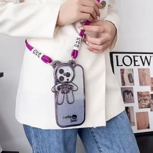 Casing Glitter Cute 3D Lucky Bear Casing Flip Lens Built-in Stand Cute Bear Glitter Holder Phone Case For IPhone 11 12 13 14 15 Pro Max Casing 7+ 8 Plus Xs Max Xr Soft 15pro Silicone 12pro Case Lucu 8+ Lanyard Shockproof Cover