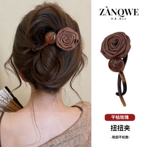 New Chinese Style Dry Rose Flower Twisted Clip Hair Accessories for Women Banana Shaped Hair Clips Back of Head Bun Hairpins