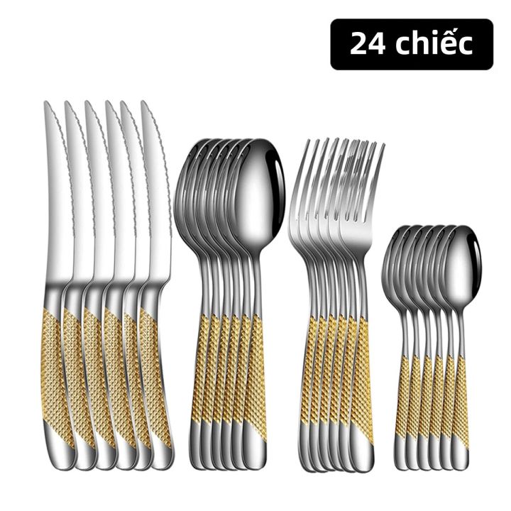 Bộ Dao Dĩa Thìa Bằng Thép Không Gỉ 24 Món, Gồm Dao Cắt Bít Tết, Dĩa ...