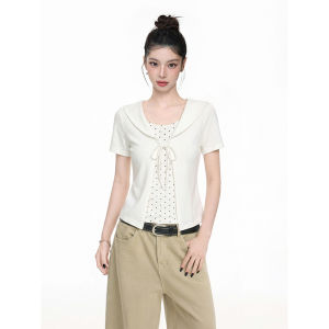 White Dots Peter Pan Collar Faux Two-Piece Short Sleeve T-Shirt