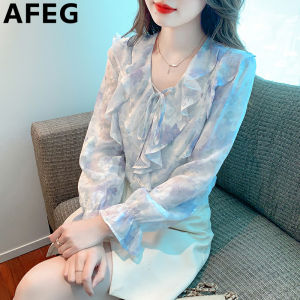 AFEG Korean V-neck ruffled fashion loose temperament floral chiffon flared sleeve blouse