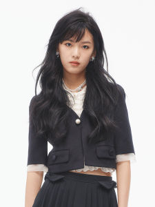 LeFame Fashionable Silk Mohair Jacket Short Sleeve Patchwork Lace Top Womens Commute Style Straight Cut Wool Blend Coat