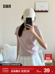 Áo Thun Tay Ngắn Semir Dành Cho Nữ Dáng Ôm Cổ Henry Ngắn Màu Trơn Mùa Hè 2025 Áo Thun Cotton Co Giãn Thường Ngày