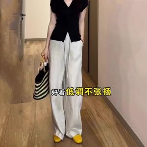 Casual Wide Leg Pants Womens Linen Drawstring Ice Silk Straight Leg Trousers Autumn New Style plus Size Pear Shape Small Size