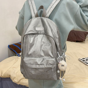 Silver Backpack Simple Design University Student Female Fashion Trend Double Shoulder Bag Commuter Style Nylon Material