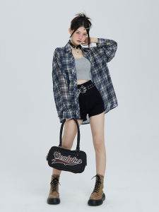 GeGe Sleepy American Style Plaid Shirt for Women Loose Fit Long Sleeves Polyester Fabric Sun Protection Outerwear