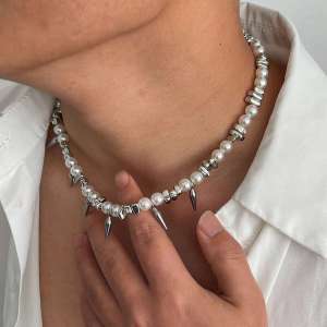 Ingemark Hip Hop Stainless Steel Imitation Pearl Chain Necklace for Men Trend 2025 Goth Rivet Pendant Choker Grunge Jewelry Gift