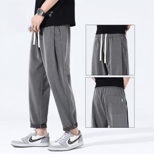 ROMON | Lormen Mens Summer Thin Loose Straight Ice Silk Casual Pants Nine Points Harlan Youthful Style Comfortable Breathable Trousers