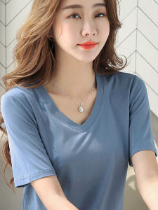 Loose V-Neck Modal Short Sleeve T-Shirt Womens Face Mask Blue Ice Silk Half Sleeve Summer New Style Simple Casual Pure Color