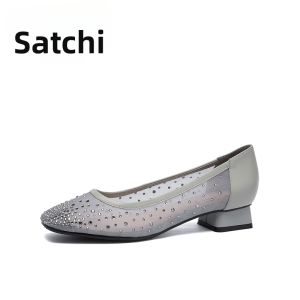 Giày Nữ Mới Mùa Hè Đẹp Đế Thấp Đầu Vuông MESH Đính Kim Cương Khe Cắt