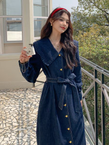 Elegant High Waist Slimming Doll Collar Denim Dress Womens Spring Autumn New Style French Vintage Long Skirt A-Line Dress