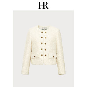 HR | Elegant Short Double-Breasted Fur Jacket Womens Spring Autumn HR Luxury Fashion Standard Fit Round Neck Warm Outerwear