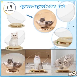 SKISOPGO Space Capsule Cat Bed with Track Balls Toy Indoor Cats Small Pets Bed Solid Wood Stand Stable All Seasons Universal Kitten Nest Transparent Cat House