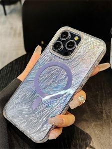 Premium Gradient Glitter Feather Pattern Case for IPhone 16 Pro Max 12 13 14 15 Pro Max 16 Plus Hard Casing Magnetic Shockproof Back Cover