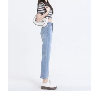 Quần Jeans Denim Ống Thẳng Màu Xanh Nhạt Cho Nữ Quần Ống Thẳng Mùa Xuân Thu Mới Quần Dài Đến Bắp Chân Thời Trang Cho Nữ