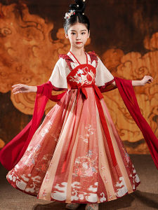 Princess Style Summer Dress Childrens Performance Clothes Traditional Chinese Costume Girls Skirt Short Sleeve Floral Pattern