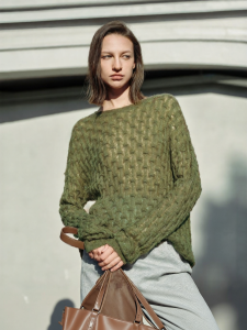Áo Sweater Knit Thoáng Mát Màu Xanh Olive Cổ Tròn