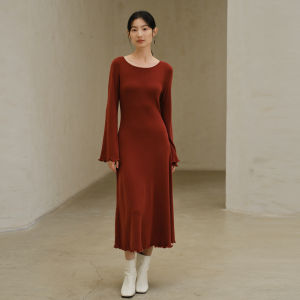 Yigue | Wool Blend Red Belted Dress New Autumn/Spring Fashion