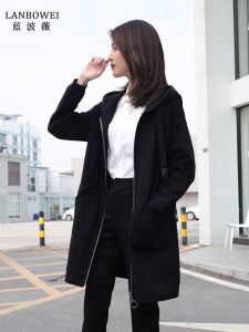 เสื้อแจ็คเก็ตผู้หญิงทรงหลวมสีดำยาวปานกลาง ฤดูใบไม้ผลิและฤดูใบไม้ร่วง ทรงหลวม ทรงหลวม เสื้อคลุมกันหนาว แจ็คเก็ตผู้หญิง