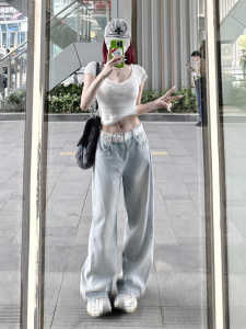 Quần Jeans Ống Rộng Dài Cạp Cao Phong Cách Retro Cho Nữ Mùa Hè Quần Ống Thẳng Dài Đến Sàn Thiết Kế Rộng Rãi