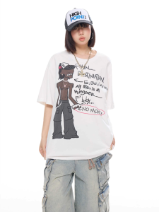 T-Shirt Wanita Lengan Pendek Putih - Motif Kartun & Huruf Keren Katun Bernapas Oversize Nyaman Desain Retro Amerika & Gaya Korea 2025 Baju Kasual Sweet Look Premium Ukuran besar Membuat terlihat langsing Kerah bulat Slip - on Tops Ramah kulit
