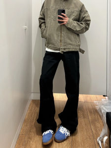 กางเกงยีนส์ทรงตรงเอวสูงสำหรับผู้ชาย สไตล์สตรีทอเมริกัน สีดำ ทรงสลิมฟิต กางเกงขายาวทรงตรง ทรงลำลอง ทรงลำลอง