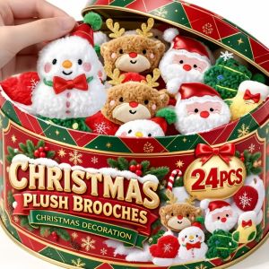 24Pcs Christmas Theme Plush Badge Set Soft Embroidered Cartoon Pins with Back Buckle for Xmas Outfit Bag Gift Handmade Craft