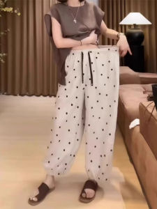 Shalldoer | Loose Lazy Style Drawstring Trousers Womens Summer Fashion Polka Dot Straight Leg Casual Pants Elastic Waist Baggy Trousers