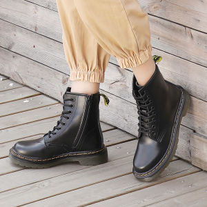 Winter New Retro Genuine Leather Short Boots Womens Martin Boots Laced Zipper Short Calf Boots round Toe mid Heel TPR Outsole