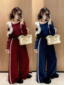 XUECAIQI | Christmas Winter Outfit Set Knit Top Lace Off-shoulder Flared Pants