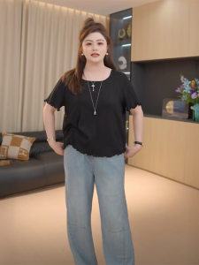 plus Size Womens T-Shirt Square Collar Short Sleeve Loose Fit Summer Top Conceals Belly Flattering Casual Pure Color