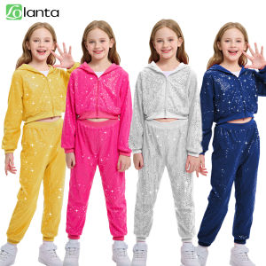 LOlanta 2Pcs Girls Sequin Hooded Jacket & Pants Set Kids Hip Hop Dance Clothing Theme Party Outfits for 5-12 Years