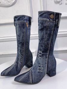 Giày Bốt Denim Co Giãn Cao Gót Trung Bình Cho Nữ Giày Bốt Da PU Đế Cao Su Thời Trang Mùa Thu Đông