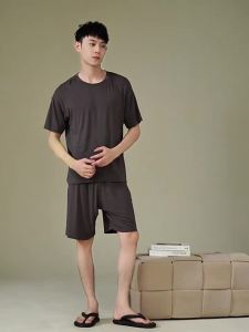Modal Sleepwear Mens Summer Thin Short Sleeved Pants Pajamas Ice Silk Home Clothes Summer Loose Plus Size Set