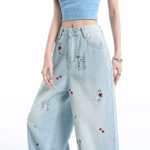 QIAOMIDUO | Summer Lightweight Embroidered Doggies Denim Jeans Womens Small Size European High Waist Wide Leg Printed Embroidery Trousers