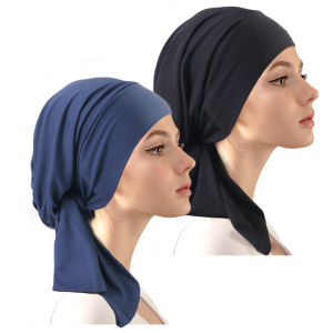 2PCS/LOT Pre-tie Muslim Turban Ethnic Elastic Ribbon Head Scarf Islamic Hat Fashion Beanie Hat Women Female Hijab Turbante