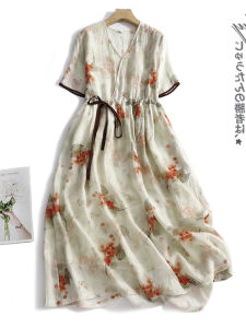 Váy Ngắn Tay in Hoa Vải Lanh Cổ Chữ V Thắt Nơ Cao Cấp Cổ Điển Thoáng Khí Mùa Hè Váy Chữ a Thon Gọn