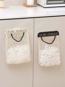 กระเป๋าใส่ขยะขนาดใหญ่สำหรับครัว ผ้าตาข่ายแบบติดผนัง วัสดุพลาสติก ไม่ต้องเจาะรู กระเป๋าใส่ของสำหรับเก็บของในครัว