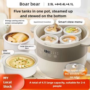 Bear DDZ-B25Q3 Electric Stew Pot 2.5L + 4×0.4L | 5 Ceramic Jars | Steamer | Timer | 7 Smart Menus | For 2–6 People